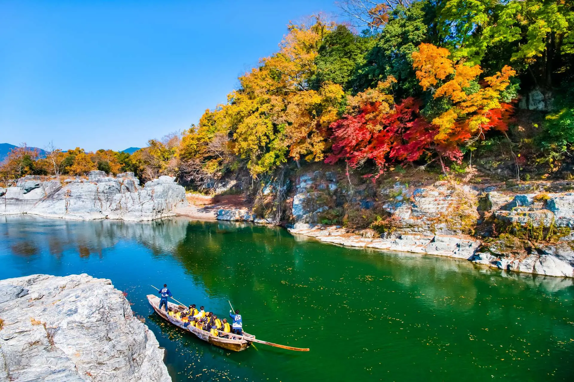 The Arakawa River gorge in Chichibu, Saitama, surrounded by autumn foliage