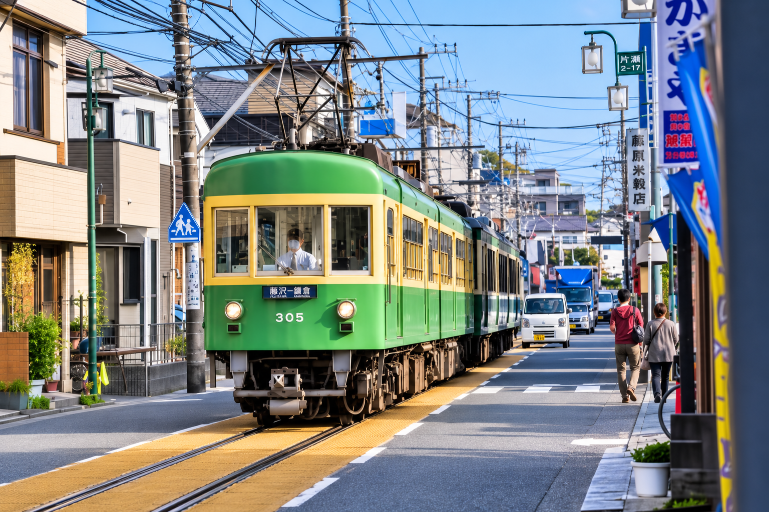 A vintage green and cream Enoden electric tram car rattling along narrow tracks directly next to the coastal road and Pacific Ocean beach