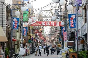 Old-school Showa-era storefronts, traditional fishmongers, and lantern-lit yakitori alleys in the historic northern post town shopping street of Senju