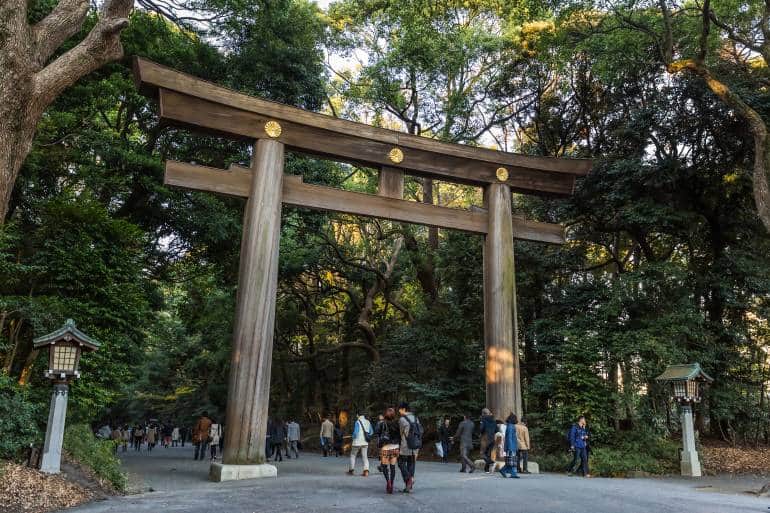 Large wooden cypress Torii gate and gravel forest path at Meiji Jingu Shinto shrine in Tokyo
