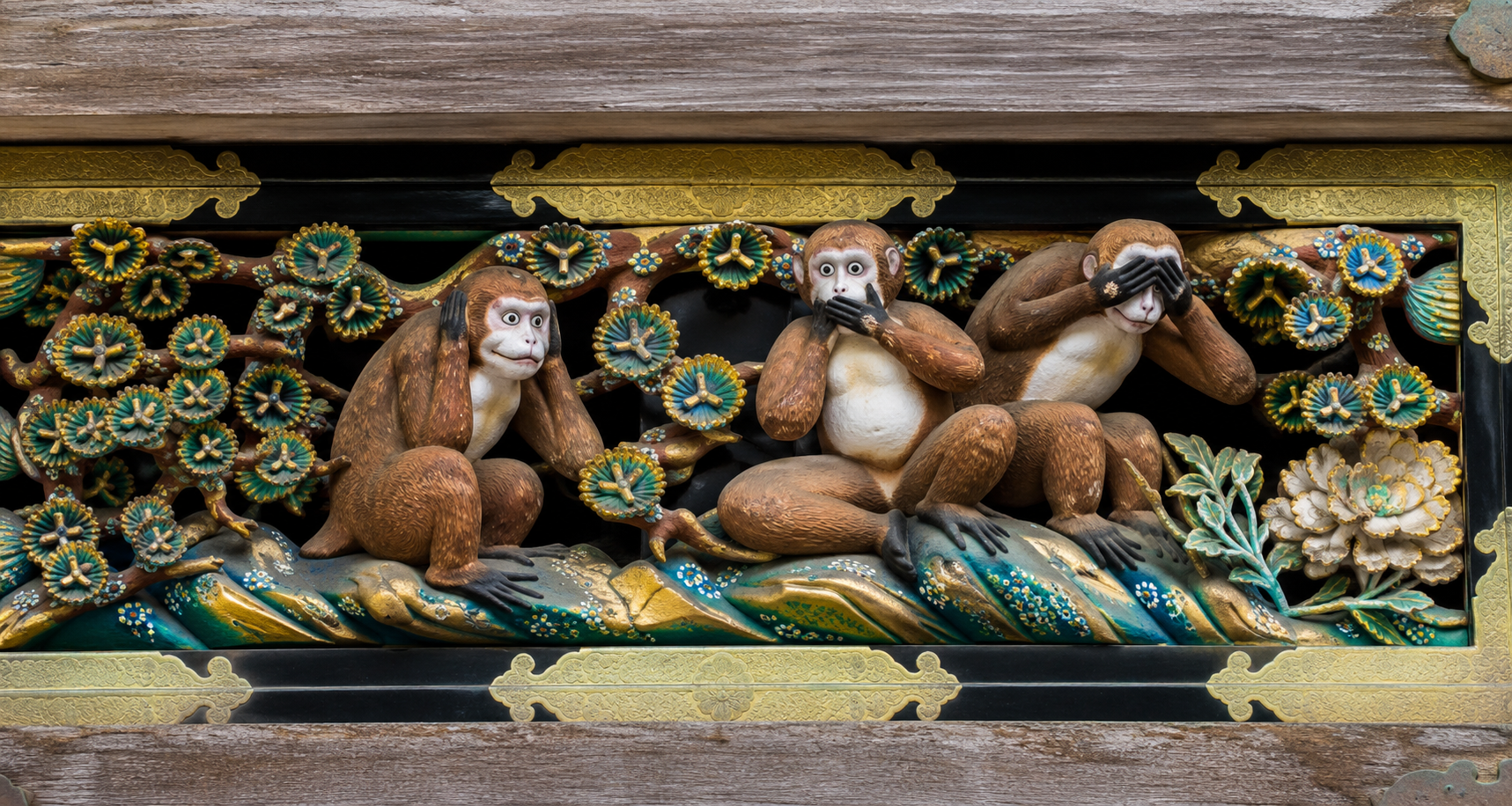 Three Wise Monkeys carving on the Shinkyusha building at Nikko Tosho-gu Shrine