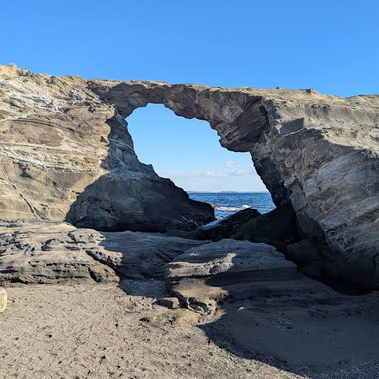 Rugged sea cliffs and the Umanose sea cave on Jogashima Island along the Pacific coastline